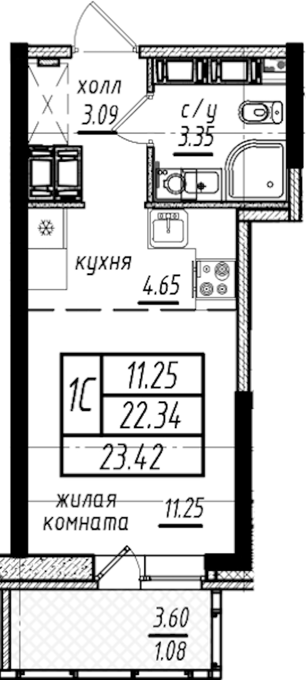 Квартира студия 23.42 м², 22/25 эт., ЖК «Северная Долина»